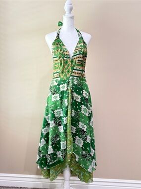Raj 100% Silk Green Halter Handkerchief Hem Boho Midi Dress Size S Flowy